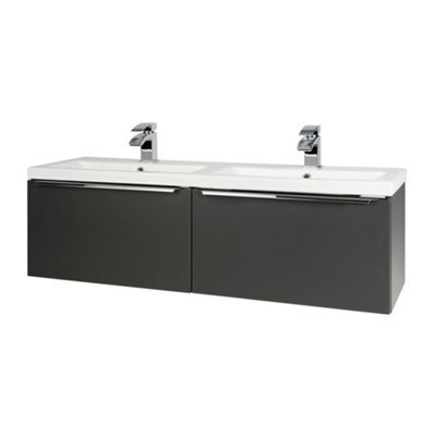 Clifton 1200mm Bathroom Wall Mounted Drawer Unit And Twin Ceramic Basin - Matt Dark Grey (Central) - Brassware Not Included - image 1
