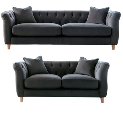 Furnishings For Less UK Elsie Velvet Chesterfield Plush Velvet Midnight 3 Seater + 2 Seater Sofa - image 1
