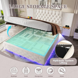 Abrihome Modern 150X200Cm Bed Frame With Led Headboard & Hydraulic Storage - Beige Upholstered Bed With Usb-C Ports, Wide Headboard - thumbnail 4
