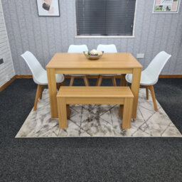 Kosy Koala Dining Table Set Oak Effect Table With 4 White Plastic Chairs And Bench Dining Room Furniture
