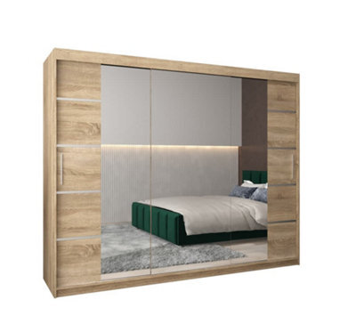 Arte Verona 04 Contemporary 3 Mirrored Sliding Door Wardrobe 9 Shelves 2 Rails Oak Sonoma Effect (H)2000mm (W)2500mm (D)620mm - image 1