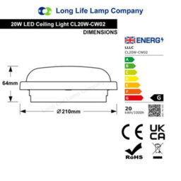 Long Life Lamps Company 20W Led Bulkhead Round Ceiling Light Flush Mounted 6500K Cool White Ip54 Cw02 - thumbnail 2