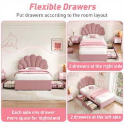 Abrihome 3Ft Single Upholstered Bed Frame With Adjustable Petal Headboard, Luxe Velvet Storage Bed, 2 Drawers & Solid Wood Slats,  Pink - thumbnail 4
