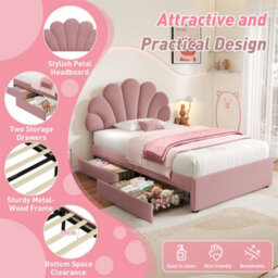 Abrihome 3Ft Single Upholstered Bed Frame With Adjustable Petal Headboard, Luxe Velvet Storage Bed, 2 Drawers & Solid Wood Slats,  Pink - thumbnail 3