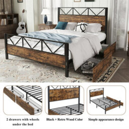 Abrihome 4Ft6 Double Metal Bed Frame (135X190Cm), Durable & Sturdy Iron Storage Bed With 2 Drawers, Multifunctional Design In Black & Wood - thumbnail 2