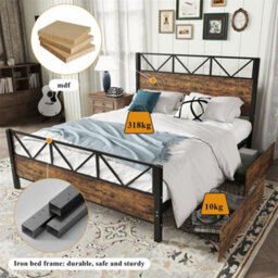Abrihome 4Ft6 Double Metal Bed Frame (135X190Cm), Durable & Sturdy Iron Storage Bed With 2 Drawers, Multifunctional Design In Black & Wood - thumbnail 3