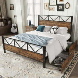 Abrihome 4Ft6 Double Metal Bed Frame (135X190Cm), Durable & Sturdy Iron Storage Bed With 2 Drawers, Multifunctional Design In Black & Wood - thumbnail 1