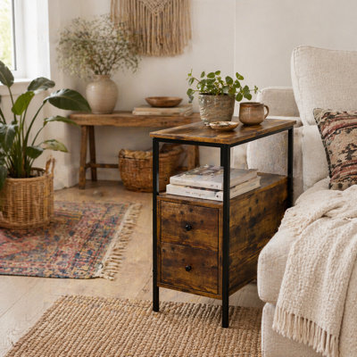 Wyld Haus Vino Rustic Brown Narrow Bedside Table - 2 Drawers, Open Middle Shelf, Industrial Metal Frame - image 1