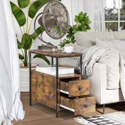 Wyld Haus Vino Rustic Brown Narrow Bedside Table - 2 Drawers, Open Middle Shelf, Industrial Metal Frame - thumbnail 7