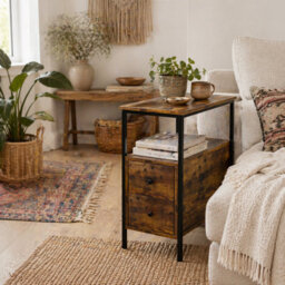Wyld Haus Vino Rustic Brown Narrow Bedside Table - 2 Drawers, Open Middle Shelf, Industrial Metal Frame - thumbnail 1
