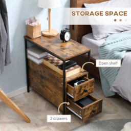 Wyld Haus Vino Rustic Brown Narrow Bedside Table - 2 Drawers, Open Middle Shelf, Industrial Metal Frame - thumbnail 5
