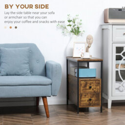 Wyld Haus Vino Rustic Brown Narrow Bedside Table - 2 Drawers, Open Middle Shelf, Industrial Metal Frame - thumbnail 4