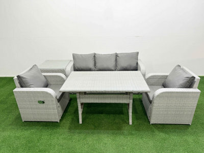 Fimous Pe Rattan Garden Furniture Set Reclining Chair Sofa Lounge Sofa Set Rectangular Dining Table Side Table Light Grey - image 1