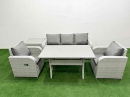 Fimous Pe Rattan Garden Furniture Set Reclining Chair Sofa Lounge Sofa Set Rectangular Dining Table Side Table Light Grey - thumbnail 1