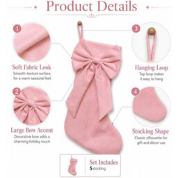 CLEFFNS 5Pcs Christmas Stocking Velvet With Large Bow, Hanging Holiday Decor Christmas Stocking With Loop, Xmas Tree Mantel Decorations - thumbnail 6