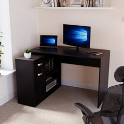 Lassic Vida Designs Longton Black Adjustable L-Shaped Computer Desk With Shelves, Drawer And Door