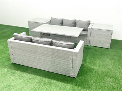 Fimous Rattan Garden Furniture Set 6 Seater Outdoor Sofa Set Dining Table 2 Side Tables Light Grey - image 1