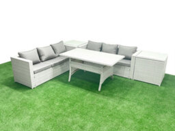 Fimous Rattan Garden Furniture Set 6 Seater Outdoor Sofa Set Dining Table 2 Side Tables Light Grey - thumbnail 2
