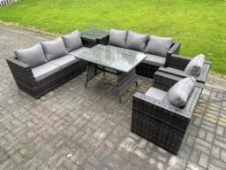 Fimous Rattan Outdoor Furniture Sofa Garden Dining Set With Patio Dining Table 2 Armchairs Side Table 8 Seater - thumbnail 2