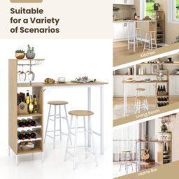 Costway 3Pcs Bar Table Chair Set Industrial Dining Table Stools W/ Glass Holders & Wine Racks - thumbnail 6
