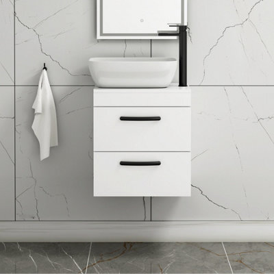 Royal Bathrooms 500mm Wall Hung Vanity Unit 2 Drawer Gloss White & Elva Countertop Basin With Matt Black Handle - image 1