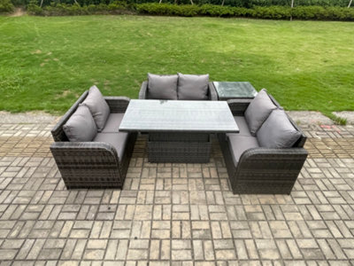Fimous Outdoor Rattan Furniture Garden Dining Set Height Adjustable Rising Lifting Table With 3 Pc Love Sofa Side Table - image 1