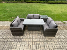 Fimous Outdoor Rattan Furniture Garden Dining Set Height Adjustable Rising Lifting Table With 3 Pc Love Sofa Side Table - thumbnail 1