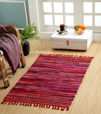 Second Nature Online Festival Recycled Cotton Blend Rag Rug In Varied Colourways Indoor And Outdoor Use / 120 Cm X 180 Cm / Red - image 1