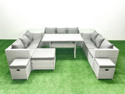 Fimous Rattan Garden Outdoor Furniture Set 12 Seater Garden Sofa Rectangulr Dining Table Set 3 Stools 2 Side Tables Light Grey - thumbnail 1