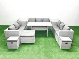 Fimous Rattan Garden Outdoor Furniture Set 12 Seater Garden Sofa Rectangulr Dining Table Set 3 Stools 2 Side Tables Light Grey - thumbnail 2