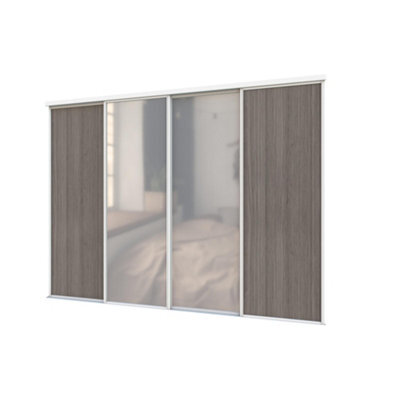 A-Class Sliding Doors Set Of 4 Dark Oak & Mirror Sliding Wardrobe Door Kit, White Frame & Tracks, Opening Height (H) 225-226Cm & Width (W) 237-238Cm - image 1