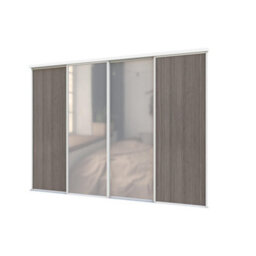 A-Class Sliding Doors Dark Oak & Mirror 4-Door Sliding Wardrobe Door Kit, White Frame & Tracks, Opening Height (H) 225-226Cm & Width (W) 237-238Cm