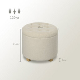 Homcom 45Cm Round Ottoman With Storage, Lid, Cashmere Footstool, Cream White - thumbnail 3