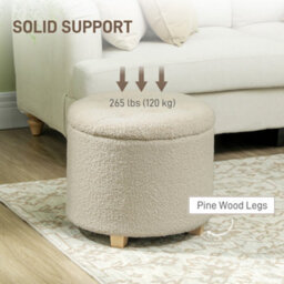 Homcom 45Cm Round Ottoman With Storage, Lid, Cashmere Footstool, Cream White - thumbnail 6