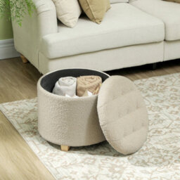 Homcom 45Cm Round Ottoman With Storage, Lid, Cashmere Footstool, Cream White - thumbnail 7