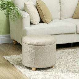 Homcom 45Cm Round Ottoman With Storage, Lid, Cashmere Footstool, Cream White - thumbnail 1