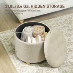 Homcom 45Cm Round Ottoman With Storage, Lid, Cashmere Footstool, Cream White - thumbnail 4