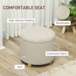 Homcom 45Cm Round Ottoman With Storage, Lid, Cashmere Footstool, Cream White - thumbnail 5