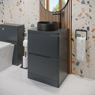Affine 600mm Bathroom Countertop Vanity Unit Fluted Round Basin Freestanding Anthracite - image 1