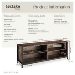 Tectake Tv Stand Navan - 4 Open Compartments, 2 Adjustable Shelves, 4 Cable Cutouts 147 Cm - Industrial Wood Dark, Rustic - thumbnail 6