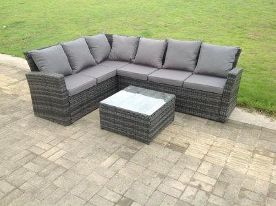 Fimous High Back Dark Grey Mixed Outdoor Garden Furniture Corner Rattan Sofa Set Square Tea Coffee Table - image 1