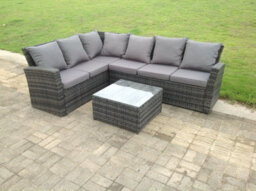 Fimous High Back Dark Grey Mixed Outdoor Garden Furniture Corner Rattan Sofa Set Square Tea Coffee Table - thumbnail 1