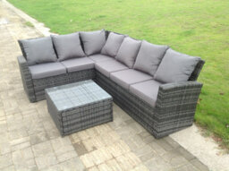 Fimous High Back Dark Grey Mixed Outdoor Garden Furniture Corner Rattan Sofa Set Square Tea Coffee Table - thumbnail 3