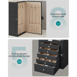 Songmics Six-Tier Jewellery Organizer Box, Lockable Storage Case With Drawers, Mirror, Watch Compartments, Black - thumbnail 7