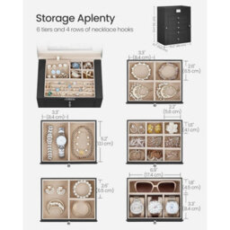 Songmics Six-Tier Jewellery Organizer Box, Lockable Storage Case With Drawers, Mirror, Watch Compartments, Black - thumbnail 2
