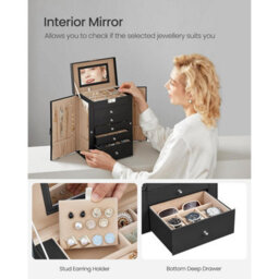 Songmics Six-Tier Jewellery Organizer Box, Lockable Storage Case With Drawers, Mirror, Watch Compartments, Black - thumbnail 4