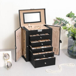Songmics Six-Tier Jewellery Organizer Box, Lockable Storage Case With Drawers, Mirror, Watch Compartments, Black - thumbnail 1