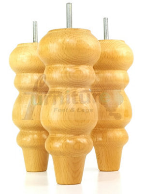 L&F Solid Wood Turned Furniture Feet 200mm High Oak Stain Finish Replacement Legs Set Of 4 M10 Pkc220L - image 1