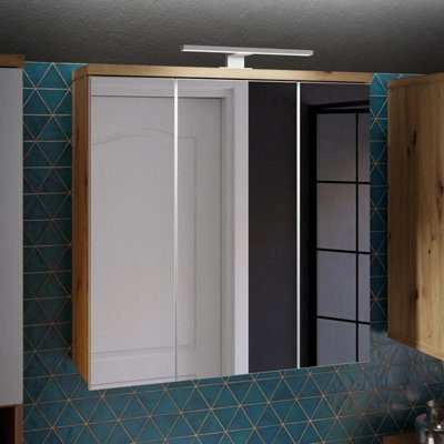 Furniture To Go Veris 3 Door Mirrored Bathroom Cabinet With Integrated Led Lighting - Artisan Oak And Light Grey - image 1