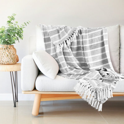 Ehc Herringbone Stripe Cotton Throw For Double Bed Sofa Couch,150 X 200 Cm, Grey - image 1
